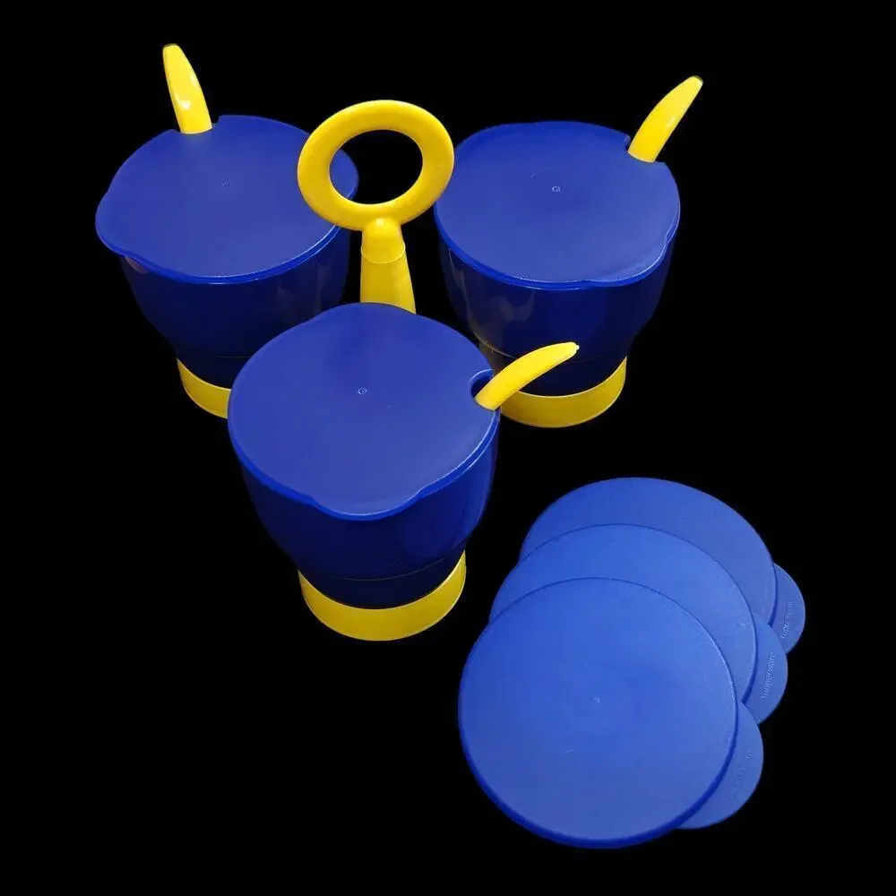 Vintage Tupperware Condiment Caddy Set Cups Spoons Lids Complete Yellow Blue NEW